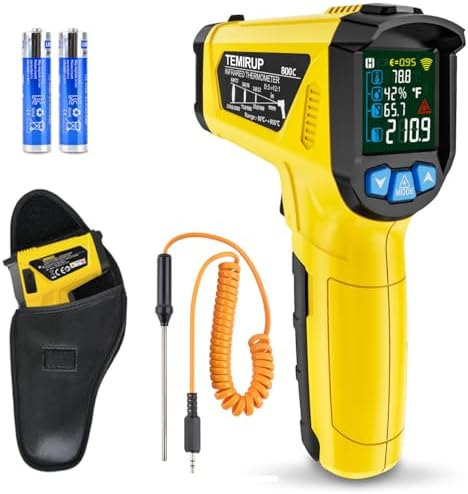 Infrared Thermometer Temperature Gun, -58°F to 1472°F, Digital Laser Thermometer Gun with Probe for Cooking, HVAC,Ovens,Grill & Engine, IR Thermometer Temp Gun with Adjustable Emissivity & Humidity by TEMIRUP