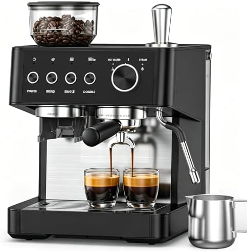 (2026 Upgrade) 15 Bar Espresso Machine with Built-in Anti-Clog Coffee Grinder, Expresso Coffee Machines with Milk Steam Wand/Frother/Tamping Tools,Espresso Maker with Grinder for Lattes-Sleek Black by Electactic