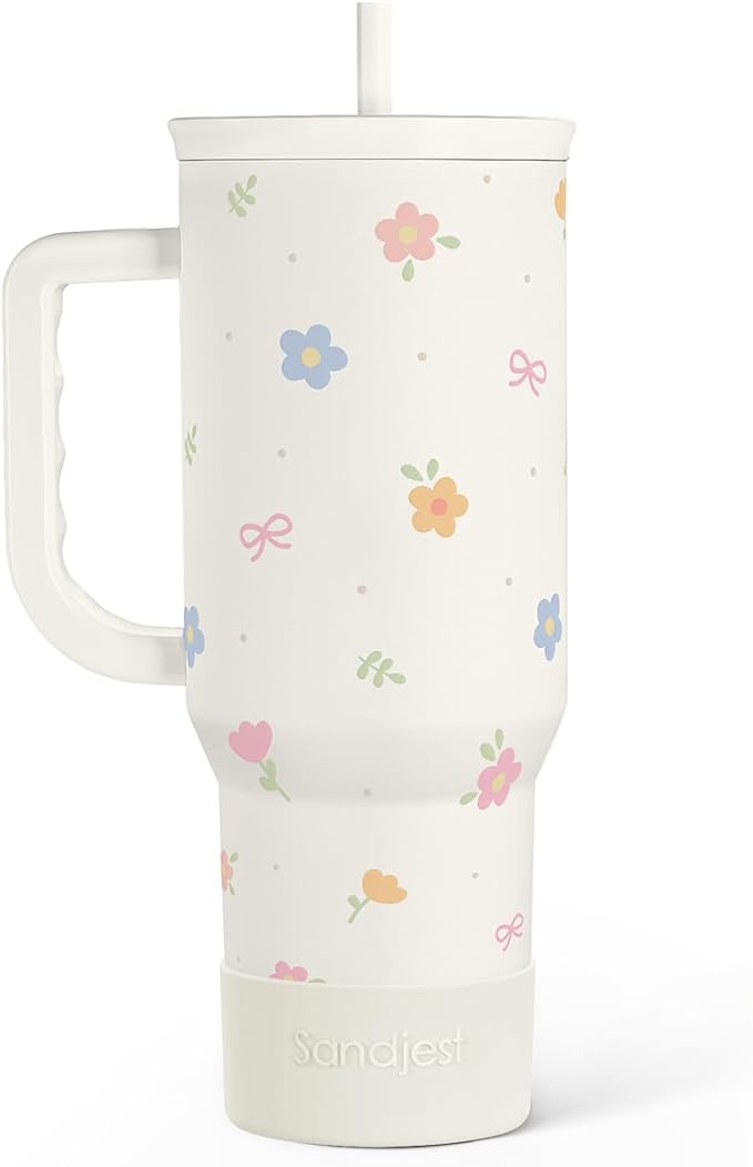Floral 40oz Slider Tumbler with Handle and Straw - Insulated Stainless Steel Travel Coffee Mug for Women Girls, Gift for Birthday Christmas by SANDJEST