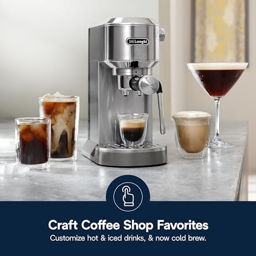 De'Longhi Dedica Duo Compact Espresso Machine - Cold Brew Coffee Maker with Milk Frother Wand- for Espresso, Hot & Iced Coffee, Cappuccinos, Lattes & Home Barista Brewing, Stainless Steel Finish - Image 2