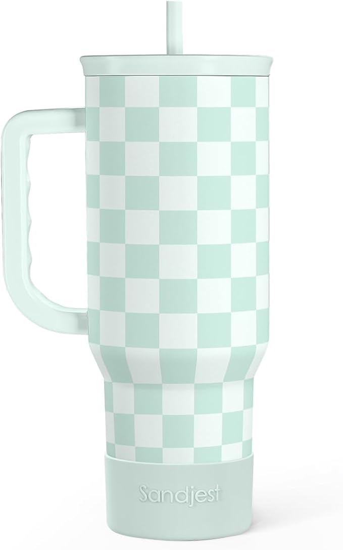 Checkered Tumbler with Handle 40oz, Mint Checker Cup Stainless Steel Insulated Tumblers Coffee Travel Mug Cups with Straw, Gifts for Women Girls Teen Birthday Christmas by SANDJEST