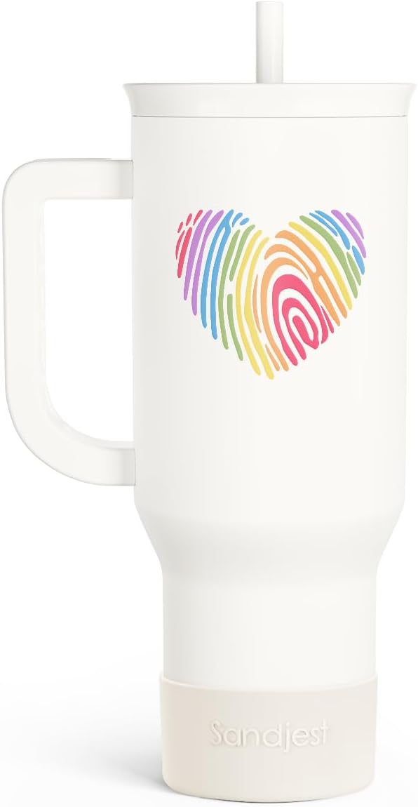 SANDJEST LGBT 40oz Tumbler with Handle and Straw, Insulated Stainless Steel Travel Coffee Mug for Gay Lesbian Adults Friends, Gift Idea for Birthday Christmas Pride Month (Heart Fingerprints) by SANDJEST