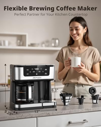 AIRMSEN 12-Cup Programmable Dual Coffee Maker – Single Serve Machine for K-Cup Pods & Ground, 1000W Fast Brew, Delay Start, 2H Keep Warm, Touchscreen, 60oz Tank, Glass Carafe – Home & Office - Image 2