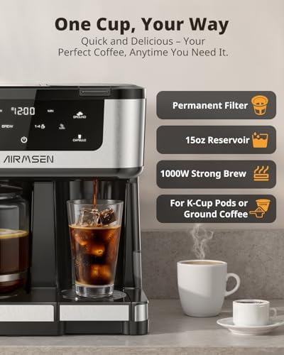 AIRMSEN 12-Cup Programmable Dual Coffee Maker – Single Serve Machine for K-Cup Pods & Ground, 1000W Fast Brew, Delay Start, 2H Keep Warm, Touchscreen, 60oz Tank, Glass Carafe – Home & Office - Image 4