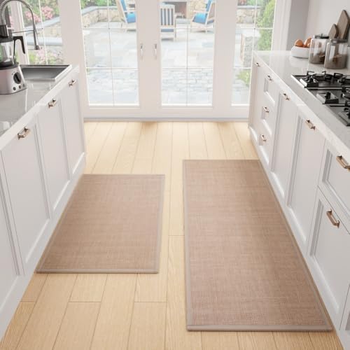 SUMLANS Kitchen Mat Set of 2 PCS, Cushioned Non Slip Rugs for Kitchen Floor, Absorbent Runner Comfort Standing Mats Washable for Kitchen, Office, Home (Camel, 17.3"x47"+17.3"x30") by SUMLANS