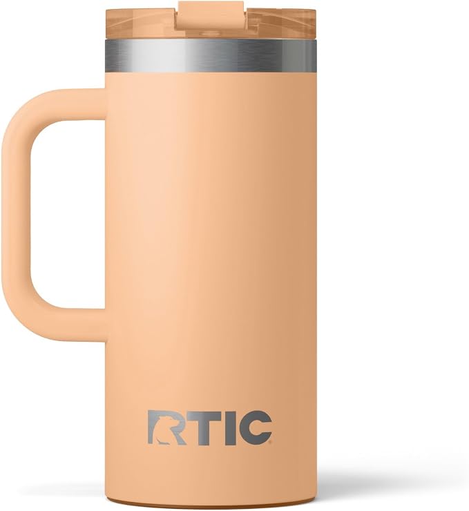 RTIC 16oz Road Trip Travel Mug with Lid and Handle, Ceramic Lined, Insulated, Stainless Steel, Metal, Double Wall Vacuum-Insulation, Portable Coffee, Tea Cup for Hot and Cold Drink, Peach Tea by RTIC