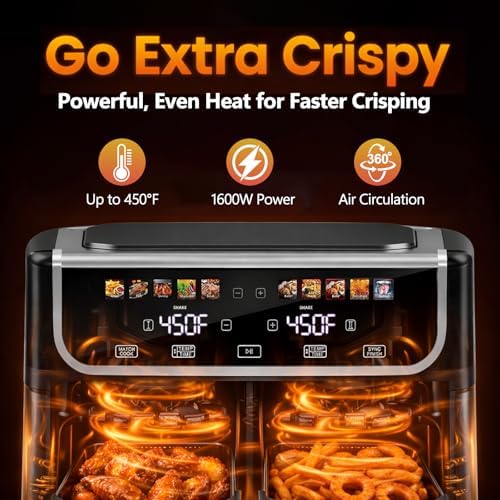 Simple Deluxe 9.5-Qt Dual Basket Air Fryer, 10-in-1 Digital Preset 1700W Airfryer, Sync Cook, Independent Temp Control, Shake Reminder, Nonstick Basket, Black - Image 2