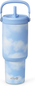 Ello Oasis Go+ 26oz Tumbler with Top Handle and Retracting Straw | Reusable Insulated Stainless Steel Cup, 100% Leakproof Water Bottle, 24 Hours Cold, Cup Holder Friendly For Travel | In The Clouds by Ello