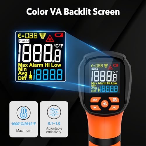 Infrared Thermometer Temperature Gun,-40℉~2912℉ Pyrometer, 50:1 High Temp Thermometer with Thermocouple Probe, Non-Contact Digital IR Laser Thermometer for Industrial HVAC Forge Metal - Image 5