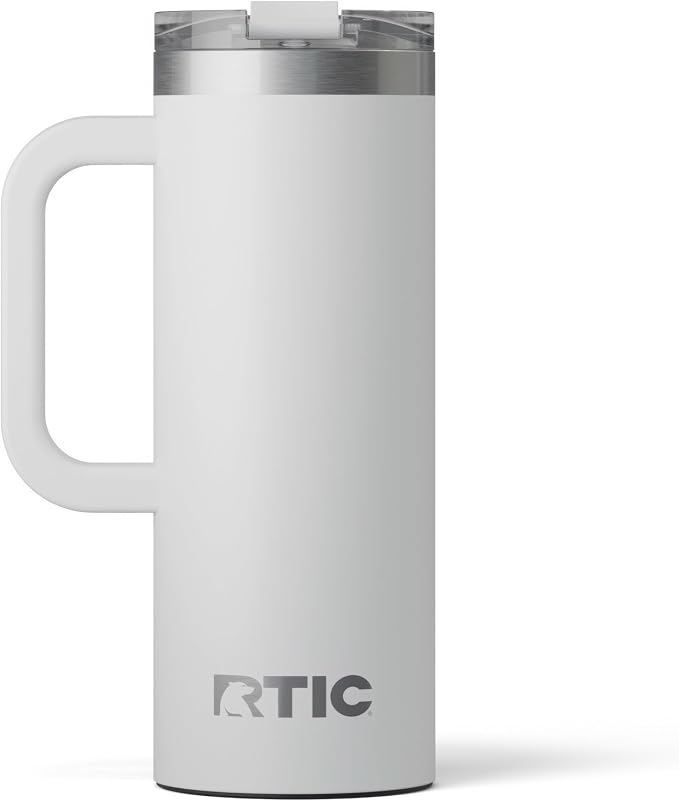 RTIC 20oz Road Trip Travel Mug with Lid and Handle, Ceramic Lined, Insulated, Stainless Steel, Metal, Double Wall Vacuum-Insulation, Portable Coffee, Tea Cup for Hot and Cold Drink, Cool Grey by RTIC