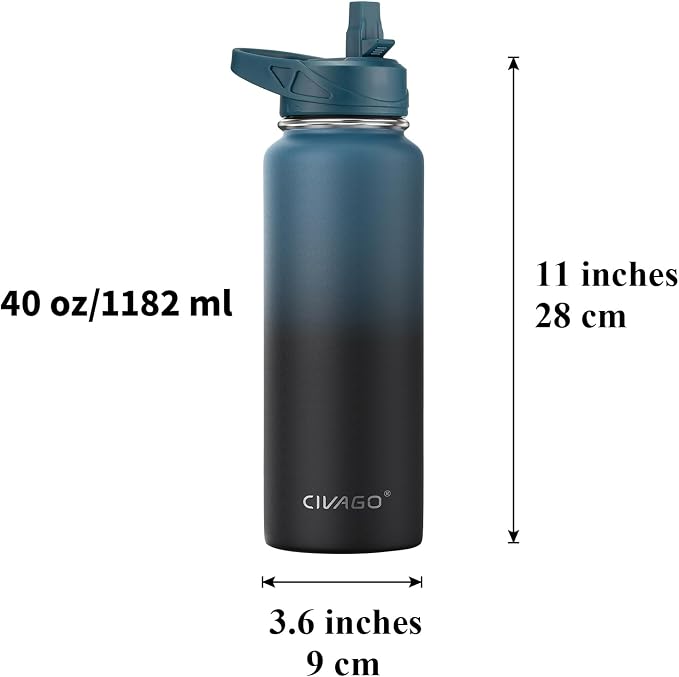 CIVAGO 40 oz Insulated Water Bottle With Straw, Stainless Steel Sports Water Cup Flask with 3 Lids (Straw, Spout and Handle Lid), Double Walled Travel Thermal Canteen Mug, Midnight Black - Image 4