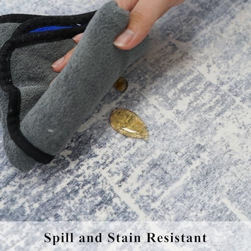 Washable 2x5 Abstract Hallway Runners: Indoor Water Resistant Kitchen Sink Rug Soft Living Room Bedroom Carpet Thin Low Pile Non Slip Floor Mat for Bathroom Entrance Laundry Room(2X5,Blue/Ivory) - Image 6