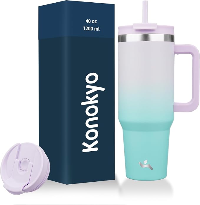 Konokyo 40 oz Tumbler with Handle and 2 Straws,2 in 1 Lid Insulated Water Bottle Stainless Steel Travel Coffee Mug,Lavender Green by Konokyo