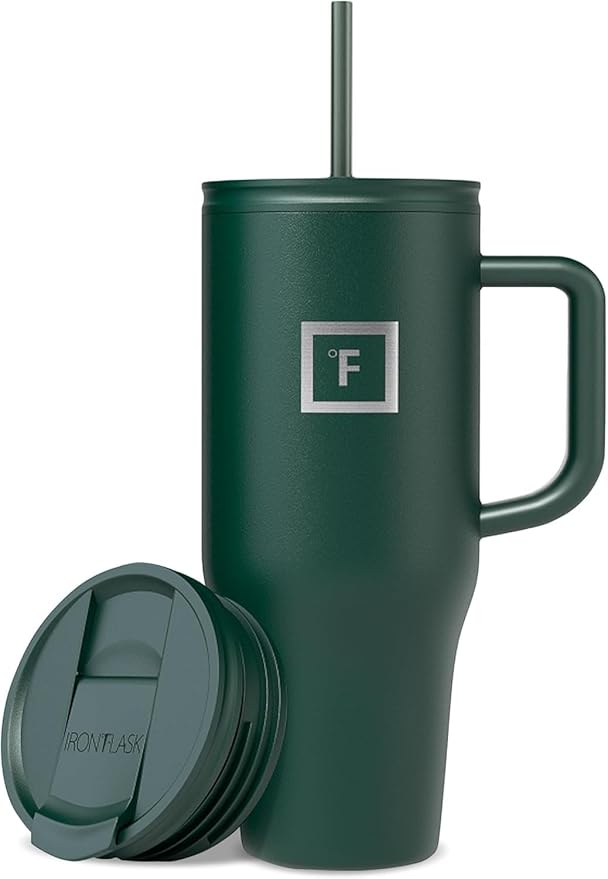 IRON °FLASK Co-Pilot Insulated Mug w/Straw & Flip Cap Lids - Cup Holder Bottle for Hot, Cold Drink - Leak-Proof - Water, Coffee Portable Travel Mug - Dark Pine, 32 Oz by IronFlask