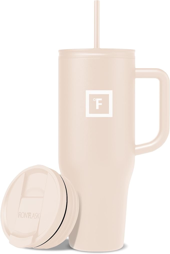 IRON °FLASK Co-Pilot Insulated Mug w/Straw & Flip Cap Lids - Cup Holder Bottle for Hot, Cold Drink - Leak-Proof - Water, Coffee Portable Travel Mug - Sand, 40 Oz by IronFlask