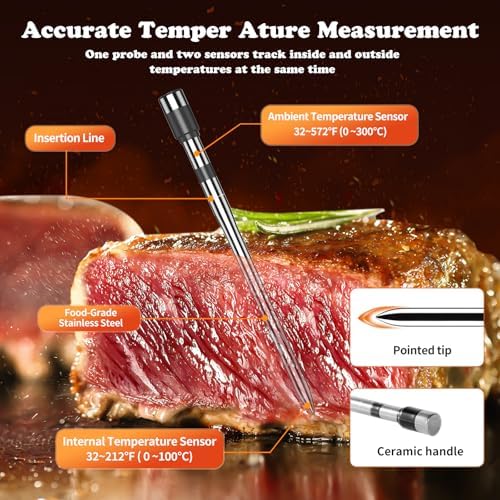 Wireless Meat Thermometer-Multi Sensors Digital Food Thermometer with Ultra-Thin Probe, Accuracy Smart Bluetooth Meat Thermometer for Steak, BBQ, Oven, Grill, Smoker,Recipes in App & Host - Image 2