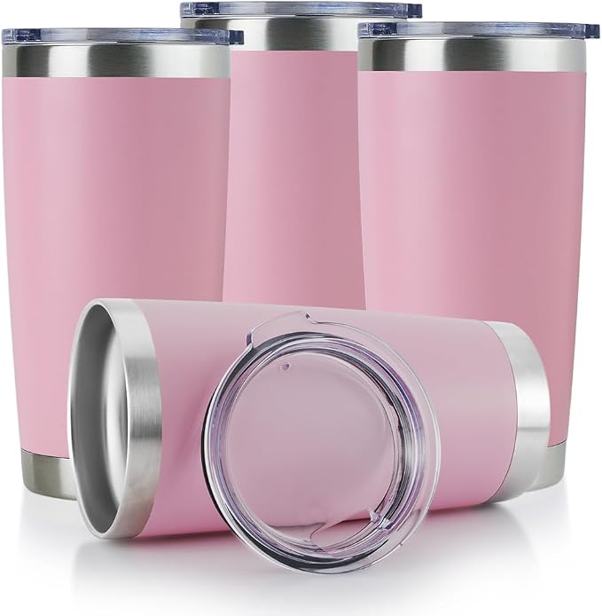 DOMICARE 20oz Stainless Steel Tumbler Bulk with Lid, Double Wall Vacuum Insulated Travel Mug, Powder Coated Coffee Cup, Pink, 4 Pack by VisittheDOMICARE