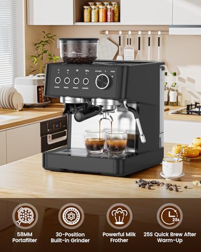 (2026 Upgrade) 15 Bar Espresso Machine with Built-in Anti-Clog Coffee Grinder, Expresso Coffee Machines with Milk Steam Wand/Frother/Tamping Tools,Espresso Maker with Grinder for Lattes-Sleek Black - Image 3
