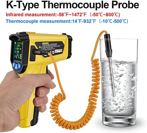 Infrared Thermometer Temperature Gun, -58°F to 1472°F, Digital Laser Thermometer Gun with Probe for Cooking, HVAC,Ovens,Grill & Engine, IR Thermometer Temp Gun with Adjustable Emissivity & Humidity - Image 3