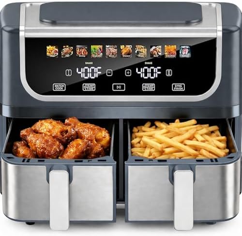 Simple Deluxe 9.5-Qt Dual Basket Air Fryer, 10-in-1 Digital Preset 1700W Airfryer, Sync Cook, Independent Temp Control, Shake Reminder, Nonstick Basket, Grey by SimpleDeluxe