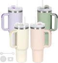 4 Pack 40 Oz Tumbler with Handle Bulk, Double Wall Vacuum Insulated Stainless Steel Tumbler with Lid and Straw, 40 oz cup with Silicone Spill Proof Stopper Set (Cream,Purple,Dark Green,Rose Quartz) by Temolulu