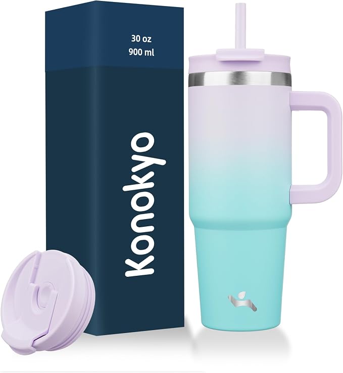 Konokyo 30 oz Tumbler with Handle and 2 Straws,2 in 1 Lid Insulated Water Bottle Stainless Steel Travel Coffee Mug,Lavender Green by Konokyo