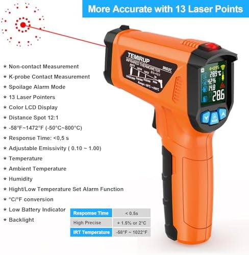 Infrared Thermometer Gun, Non Contact Digital Laser Thermometer Temperature Gun with Color LCD for Cooking, HVAC, Home Repairs, Humidity Measurement, Adjustable Emissivity -58°F to 1472°F(-50~800°C) - Image 2