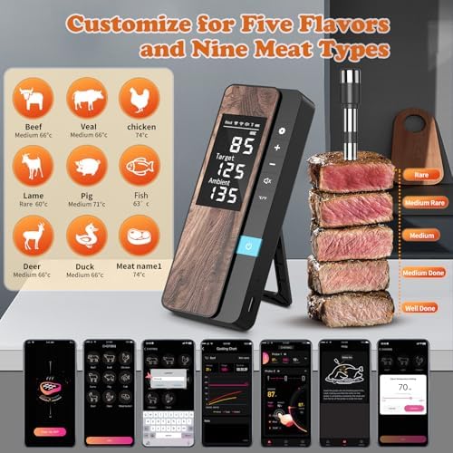 Wireless Meat Thermometer-Multi Sensors Digital Food Thermometer with Ultra-Thin Probe, Accuracy Smart Bluetooth Meat Thermometer for Steak, BBQ, Oven, Grill, Smoker,Recipes in App & Host - Image 4