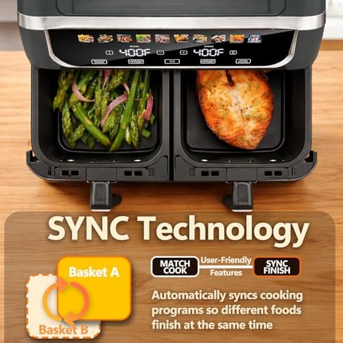 Simple Deluxe 9.5-Qt Dual Basket Air Fryer, 10-in-1 Digital Preset 1700W Airfryer, Sync Cook, Independent Temp Control, Shake Reminder, Nonstick Basket, Grey - Image 6
