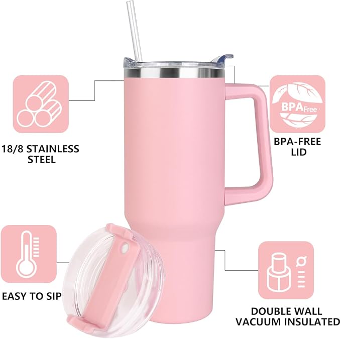SYACOT 40 oz Tumbler with Handle and Straw Stainless Steel Insulated Tumbler Leak Proof Lid and Straw Lid Reusable Travel Mug Coffee Mug Cup Dishwasher Safe Keep Drinks Cold and Hot (Pink Dusk) - Image 4