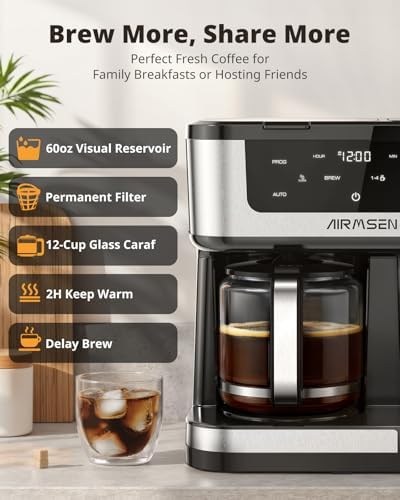 AIRMSEN 12-Cup Programmable Dual Coffee Maker – Single Serve Machine for K-Cup Pods & Ground, 1000W Fast Brew, Delay Start, 2H Keep Warm, Touchscreen, 60oz Tank, Glass Carafe – Home & Office - Image 3