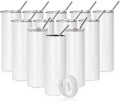 PYD Life 12 Pack Sublimation Tumblers Blanks Skinny White 20 OZ Straight Bulk Stainless Steel Cups with Metal Straw and Lid for Tumbler Heat Press Machine Sublimation Print by PYDLife