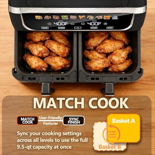 Simple Deluxe 9.5-Qt Dual Basket Air Fryer, 10-in-1 Digital Preset 1700W Airfryer, Sync Cook, Independent Temp Control, Shake Reminder, Nonstick Basket, Black - Image 5