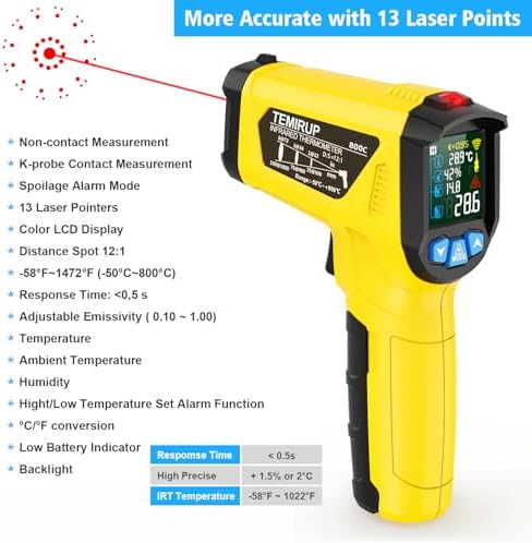 Infrared Thermometer Temperature Gun, -58°F to 1472°F, Digital Laser Thermometer Gun with Probe for Cooking, HVAC,Ovens,Grill & Engine, IR Thermometer Temp Gun with Adjustable Emissivity & Humidity - Image 2