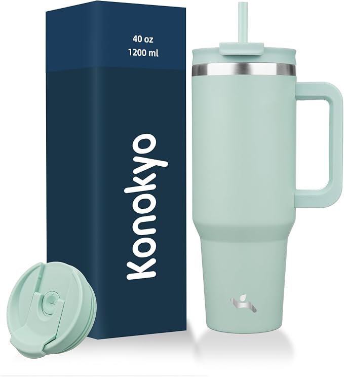 Konokyo 40 oz Tumbler with Handle and 2 Straws,2 in 1 Lid Insulated Water Bottle Stainless Steel Travel Coffee Mug,Retro Green by Konokyo