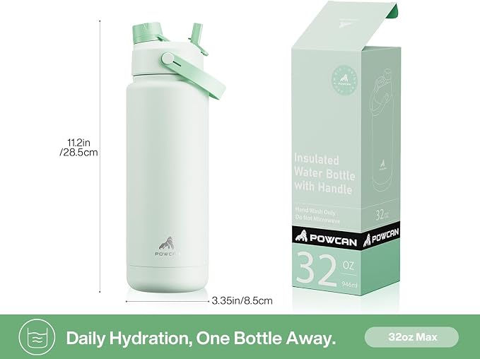 POWCAN 32 oz Insulated Water Bottle with 2-in-1 Straw and Spout Lid, Keep Cold 24H, Leak-Proof, BPA-Free, Double Wall Stainless Steel Water Bottle for Sports, Gym, Travel, and School (Mint) - Image 5