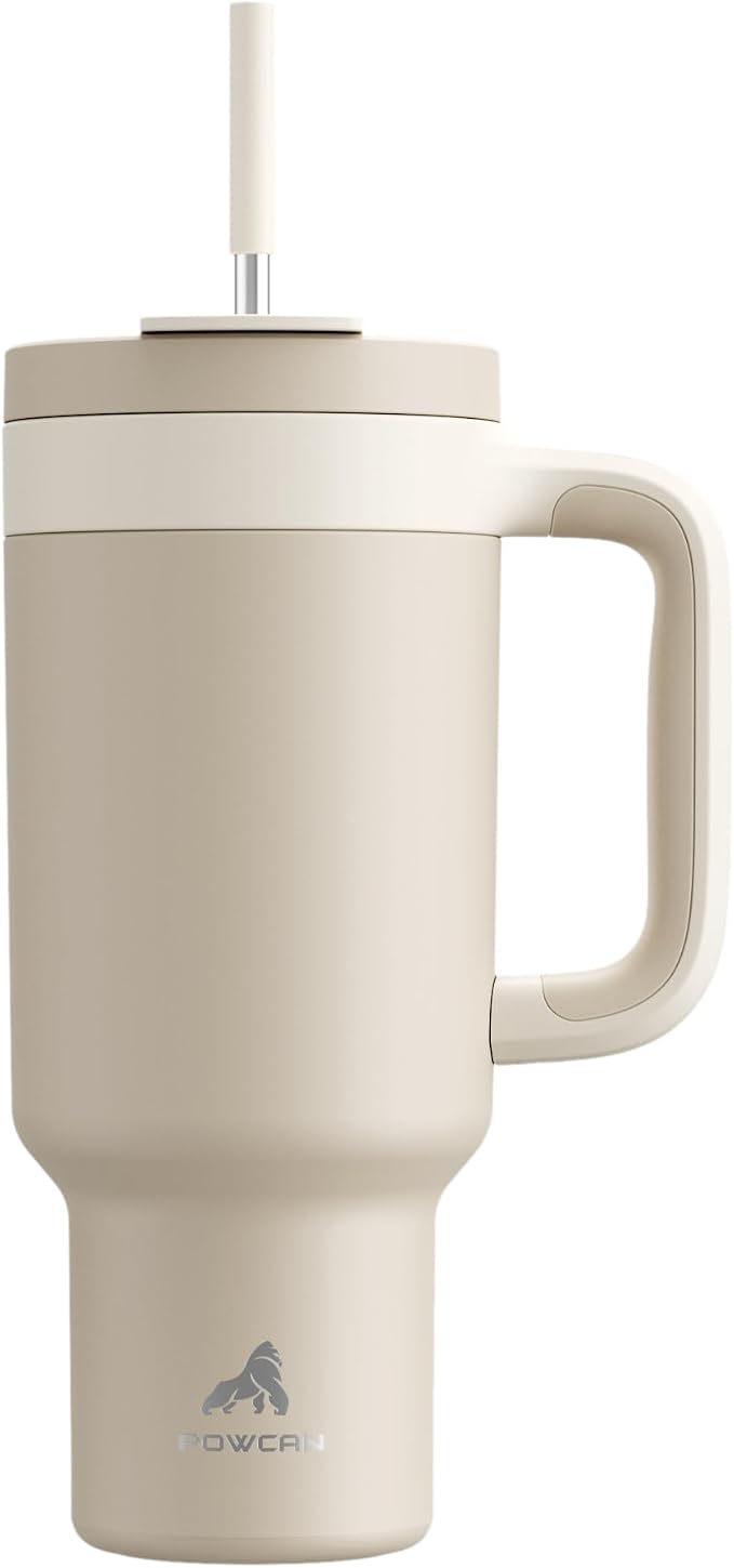 POWCAN 40 oz Tumbler with Handle, 2-in-1 Straw and Sip Lid, Leakproof, Dishwasher Safe, Insulated Stainless Steel Travel Coffee Mug, Keeps Cold for 34 Hours, Fits in Car Cup Holder (Oat) by POWCAN