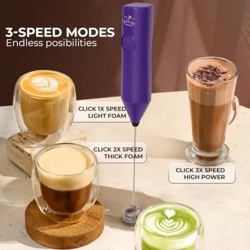 Zulay Kitchen Rechargeable Milk Frother Handheld - Frother Wand, Drink Mixer, Electric Whisk Frother, for Cappuccinos, Matcha & Protein Powder - Dynamic Triple Whisk, 3 Speed 500mAh Purple - Image 5