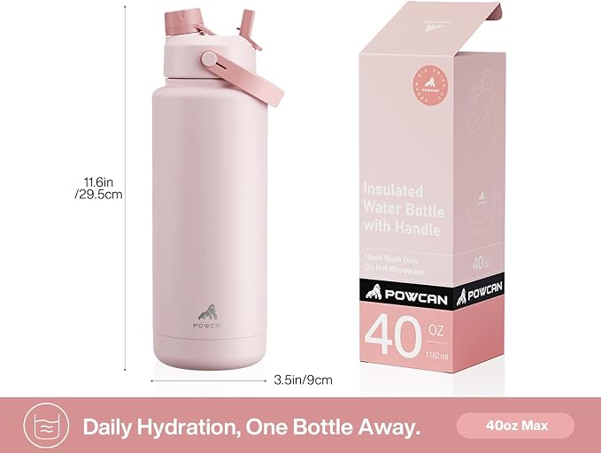 POWCAN 40 oz Insulated Water Bottle with 2-in-1 Straw and Spout Lid, Keep Cold 24H, Leak-Proof, BPA-Free, Double Wall Stainless Steel Water Bottle for Sports, Gym, Travel, and School (Cotton Candy) - Image 5