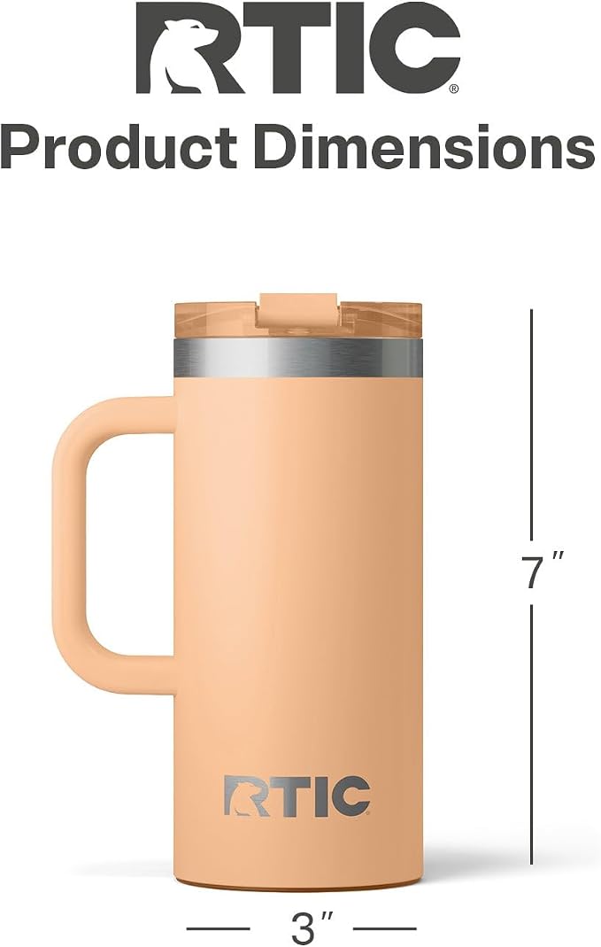 RTIC 16oz Road Trip Travel Mug with Lid and Handle, Ceramic Lined, Insulated, Stainless Steel, Metal, Double Wall Vacuum-Insulation, Portable Coffee, Tea Cup for Hot and Cold Drink, Peach Tea - Image 5