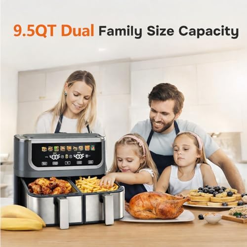 Simple Deluxe 9.5-Qt Dual Basket Air Fryer, 10-in-1 Digital Preset 1700W Airfryer, Sync Cook, Independent Temp Control, Shake Reminder, Nonstick Basket, Grey - Image 2