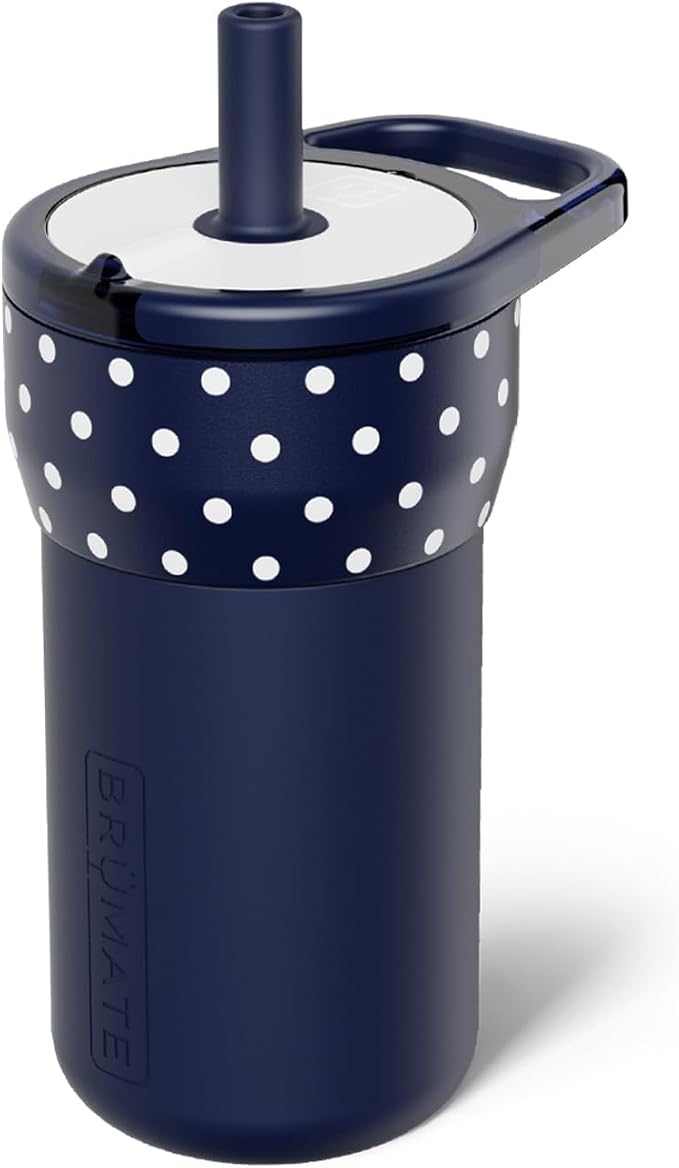 BrüMate Leap 12oz 100% Leakproof Kids Tumbler with Handle and Silicone Soft Straw | Durable Drop Resistant Silicone Sleeve | Made of Insulated Stainless Steel | Cup Holder Friendly | (Navy Polka Dots) by Br%C3%BCMate