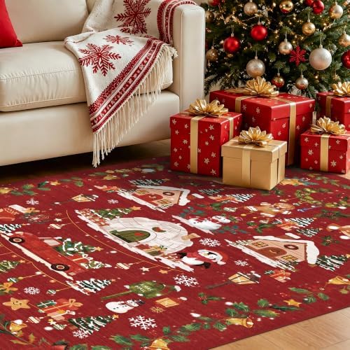 Washable Christmas Rug Runner 3x4: Non Slip Small Area Rug for Entryway Nursery Soft Low Pile Office Carpet Santa Claus Holiday Decor Throw Rug for Living Dining Room Bedroom Cute Home Decor（3x4，Red） - Image 2