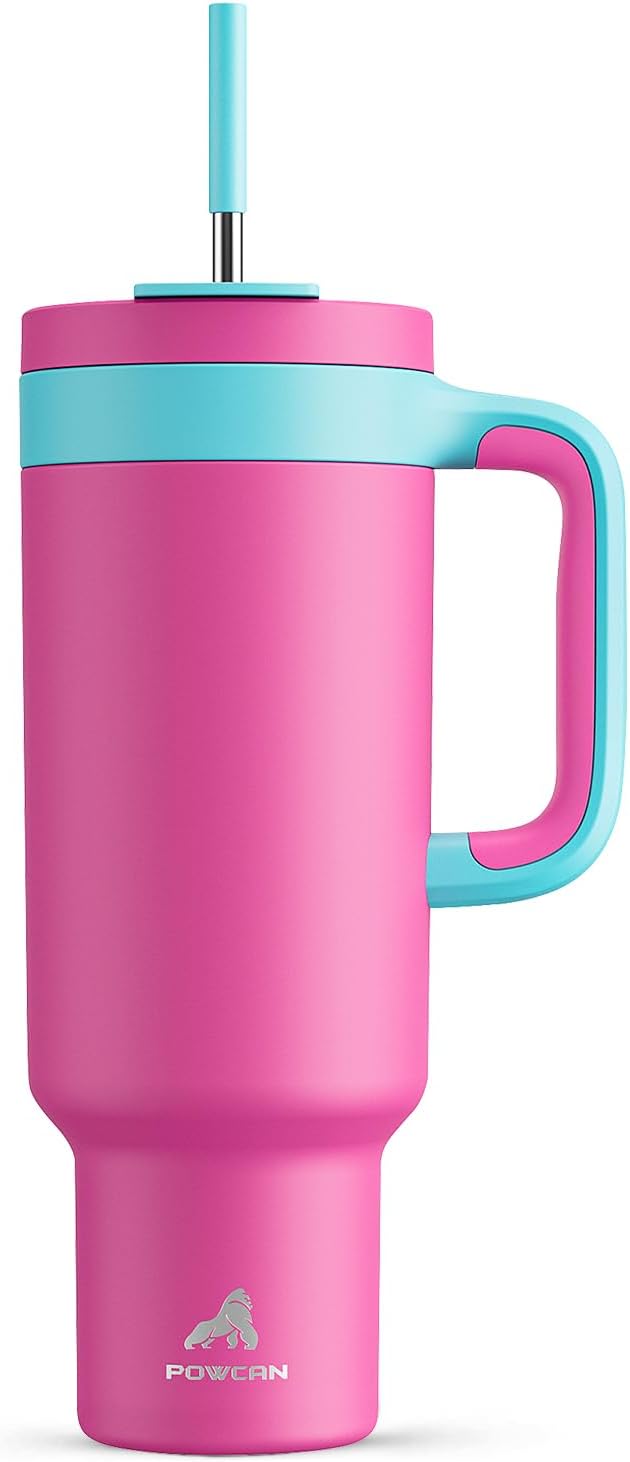 POWCAN 50 oz Tumbler with Handle, 2-in-1 Straw and Sip Lid, Leakproof, Dishwasher Safe, Insulated Stainless Steel Travel Coffee Mug, Keeps Cold for 34 Hours, Fits in Car Cup Holder (Petal) by POWCAN