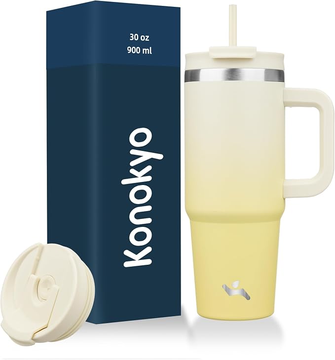 Konokyo 30 oz Tumbler with Handle and 2 Straws,2 in 1 Lid Insulated Water Bottle Stainless Steel Travel Coffee Mug,Lemon by Konokyo