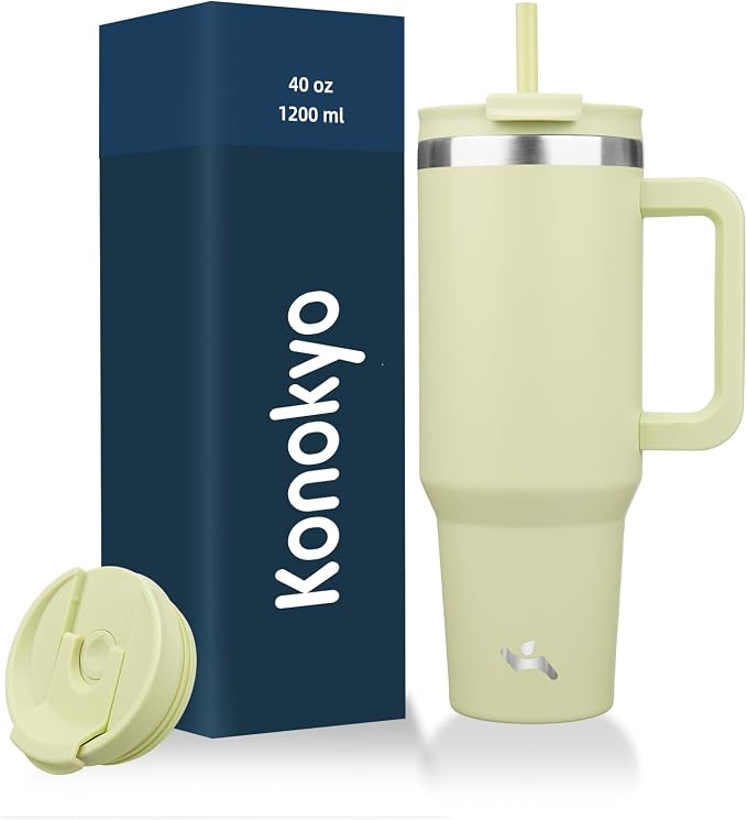 Konokyo 40 oz Tumbler with Handle and 2 Straws,2 in 1 Lid Insulated Water Bottle Stainless Steel Travel Coffee Mug,Macaron Green by Konokyo