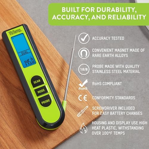 Taylor TruTemp Dual Instant Read Infrared Meat and Food Thermometer, Digital for Cooking, IPX5 Splash Proof Design, Plus Meat Probe for BBQ, Kitchen, Smoker, and Grilling, Green - Image 3