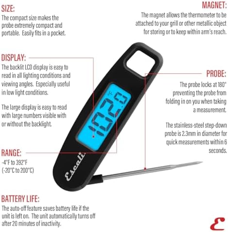 Escali Compact Portable Meat Candy Folding Digital Thermometer, Backlit Display Easy to Storage with Magnet, Black - Image 2