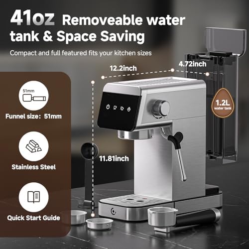 AMZCHEF 20 Bar Compact Home Espresso Coffee Machine, Metallic Silver - Image 2