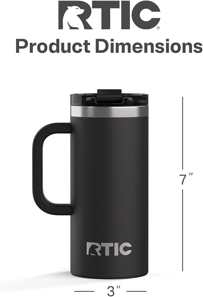 RTIC 16oz Road Trip Travel Mug with Lid and Handle, Ceramic Lined, Insulated, Stainless Steel, Metal, Double Wall Vacuum-Insulation, Portable Coffee, Tea Cup for Hot and Cold Drink, Black - Image 4